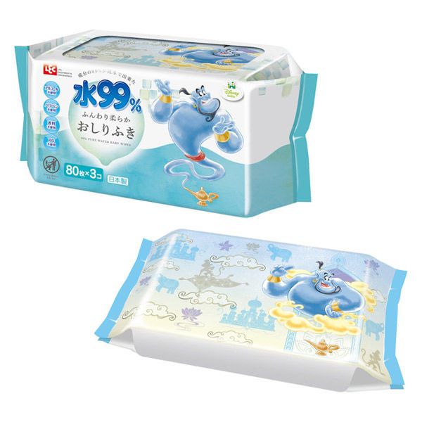 日本 LEC - 純水99%一般型擦屁屁濕紙巾-新款迪士尼-阿拉丁-12包入箱購組-80抽x12包入