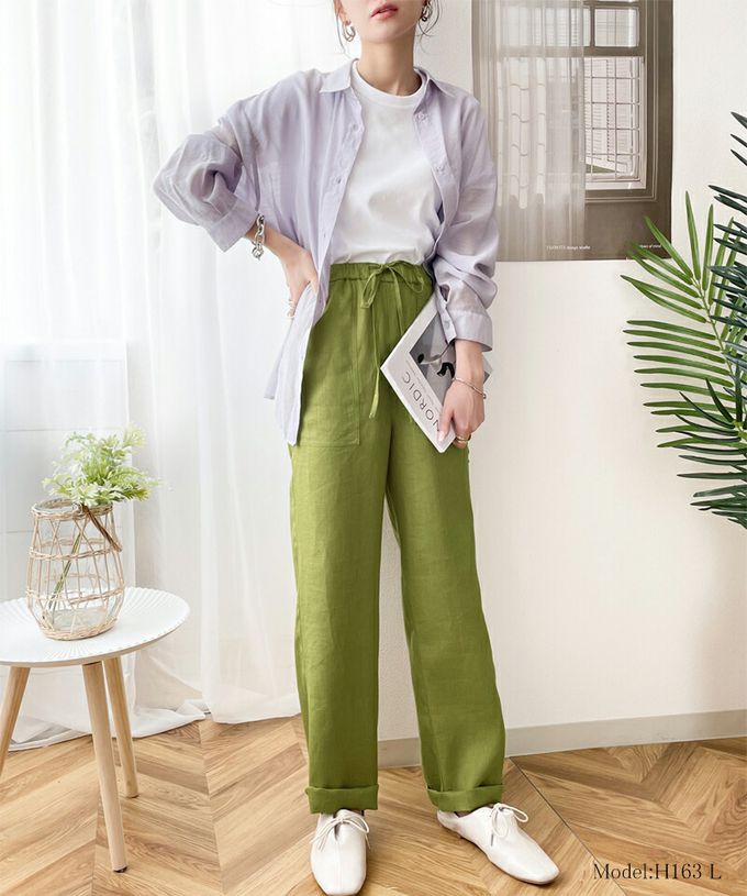 日本 Classical Elf - 100%亞麻透氣垂墜感抽繩寬褲-軍綠