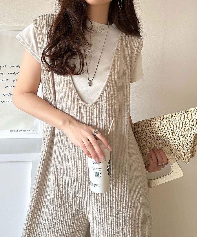 日本 Classical Elf - 前後2way領魅力緹花柔軟連身褲-淺灰杏