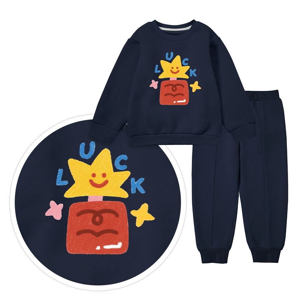 內刷絨長袖上衣+長褲套裝-好運鞭炮-藏青