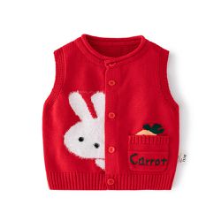 BABUYU - 舒適圓領百搭針織背心-兔兔紅蘿蔔-紅色