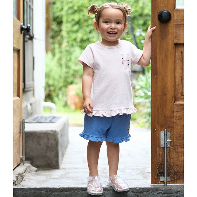 日本 petit main - 荷葉邊英文刺繡短袖上衣-Y-藍綠