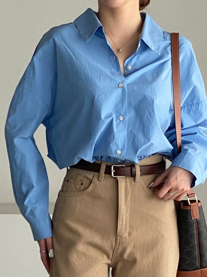 韓國女裝連線 - 知性背後抓褶翻領長袖襯衫-藍 (FREE)