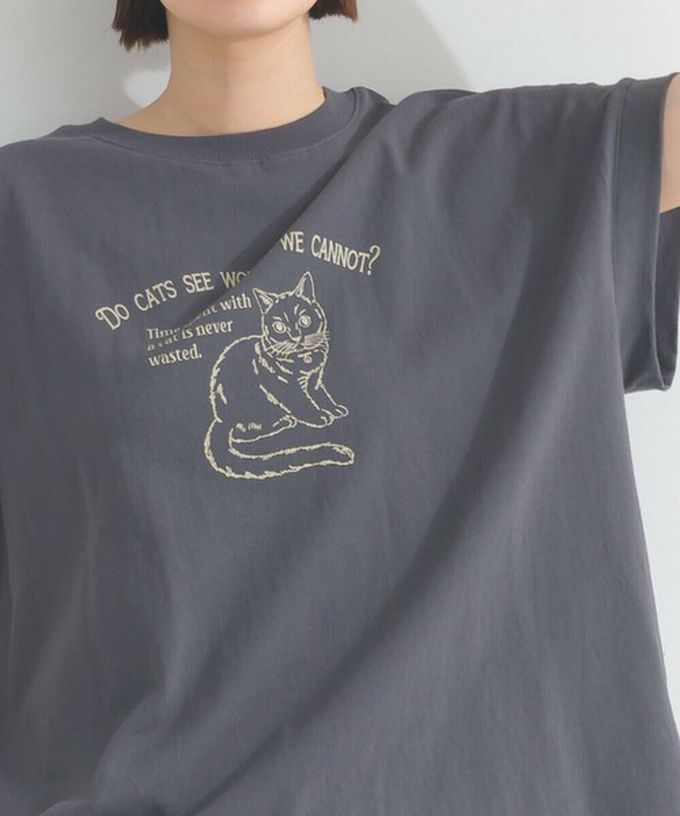 日本 Lupilien - 16OE天竺棉 貓咪印花短袖上衣-炭灰