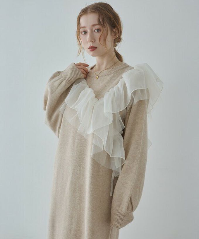 日本 Bab - 交叉薄紗荷葉柔美針織長袖洋裝-咖啡