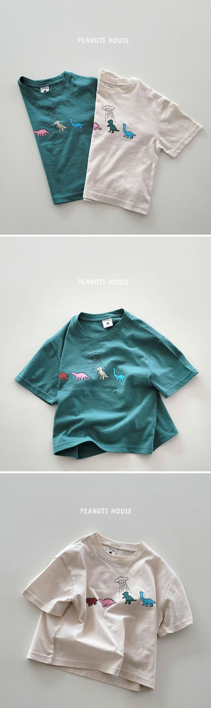 韓國 Peanuts House - 純棉印花圓領短袖上衣-恐龍幽浮-深綠