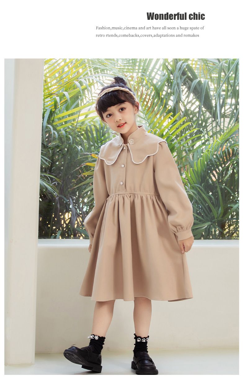 娃娃領燈芯絨長袖洋裝-卡其色