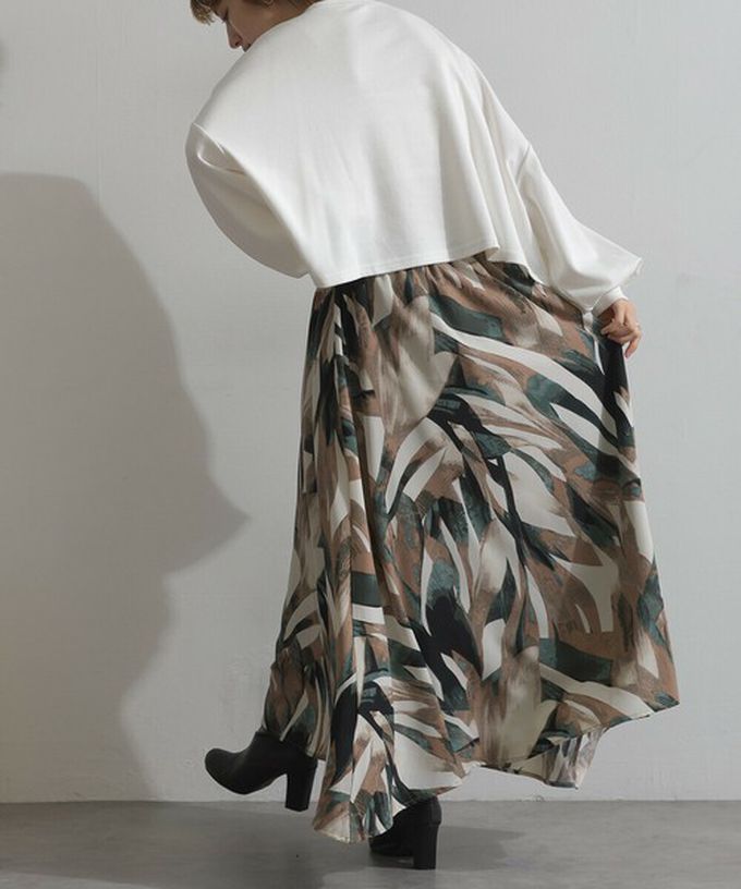 日本 Lupilien - 油畫線條感印花飄逸長裙(附口袋)-綠棕系