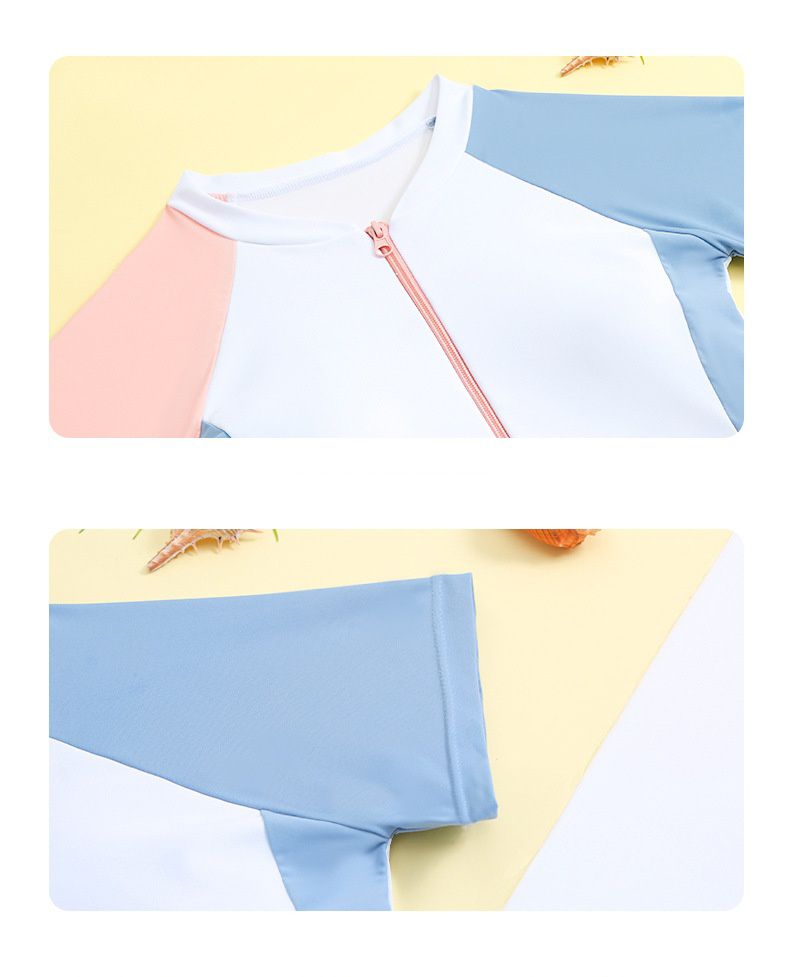 大童女孩運動風短袖連身裙泳衣-拼色款-粉+白+藍