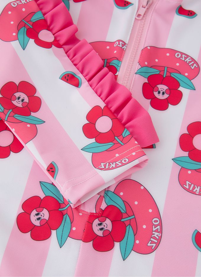 韓國 OZKIZ - 花朵泳圈長袖連身泳裝/泳帽Set-白X桃粉