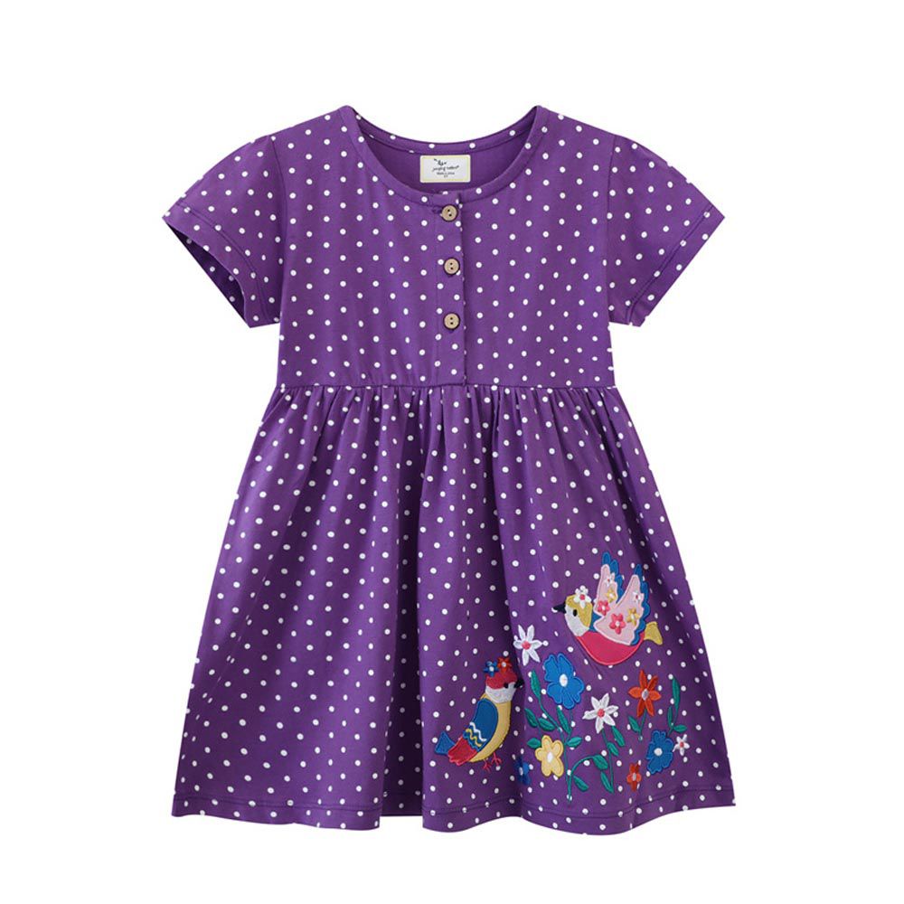Jumping meters - 棉質圓領短袖洋裝-貼布繡小鳥花卉-紫色點點