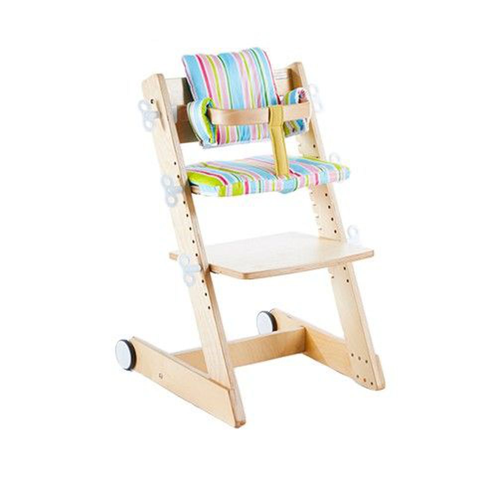 大將作 kid2youth - Qmomo 兒童成長餐椅(附輪) 套組-白樺木-五彩條橫椅墊