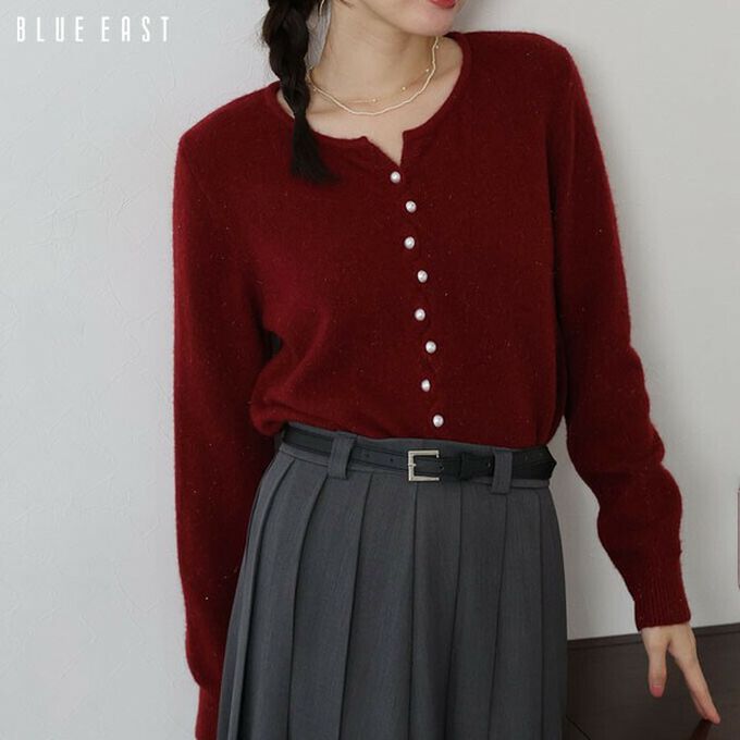 日本 BLUE EAST - 氣質交替珍珠扣針織上衣/開襟衫-白