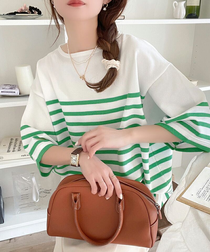 日本 Classical Elf - 圓領透氣橫條紋五分袖上衣-白x綠