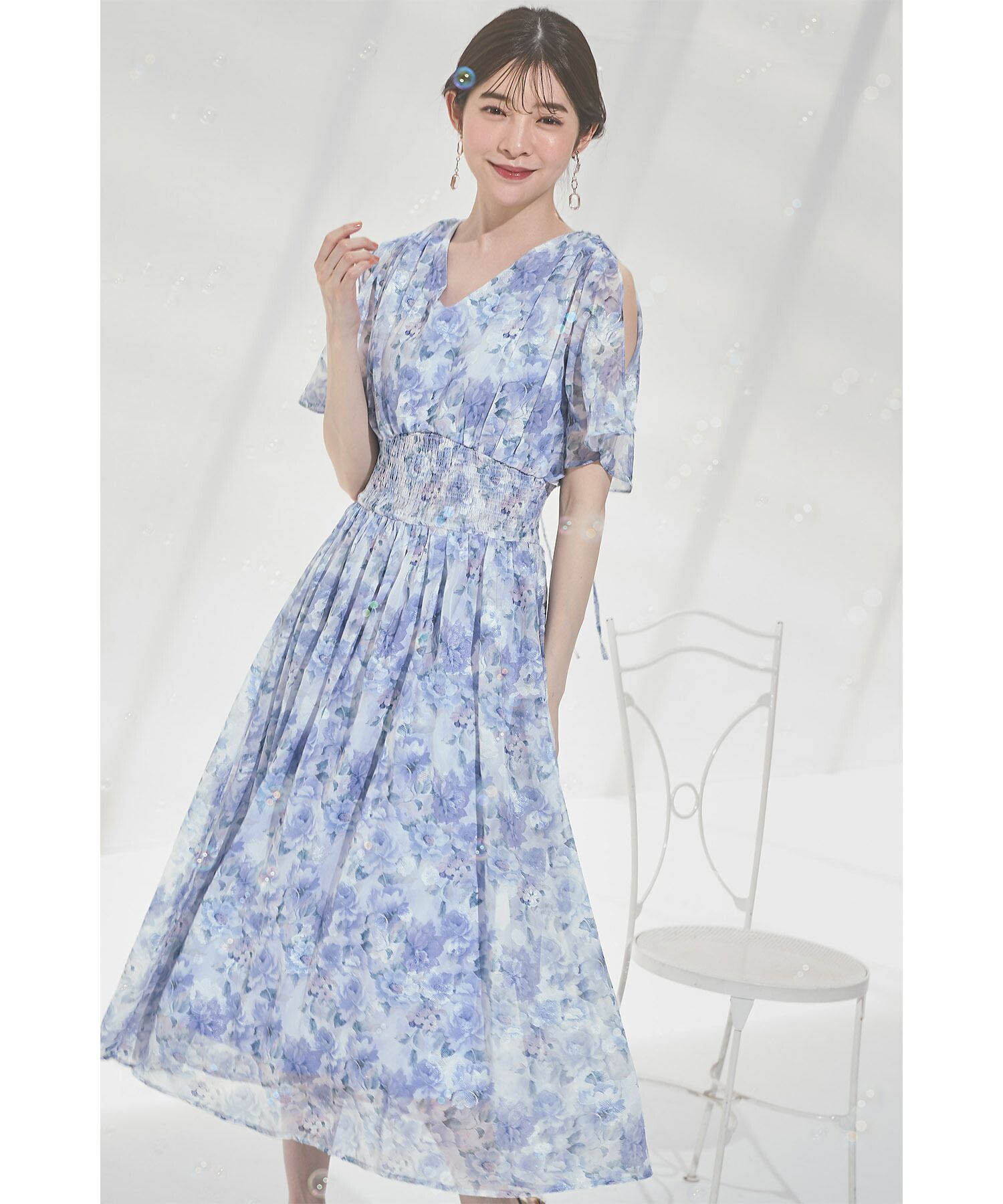 日本 tocco-closet - 後綁帶浪漫暈染碎花雪紡洋裝-水藍