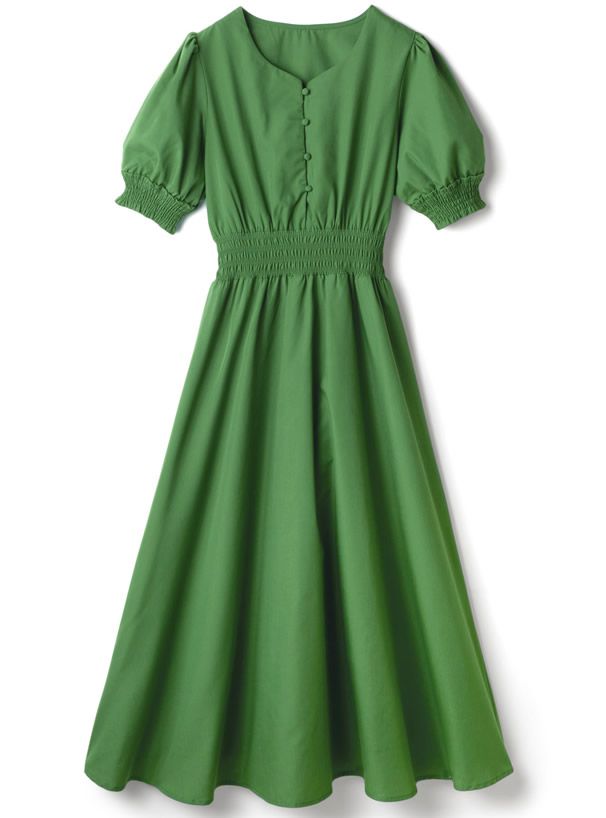 日本 GRL - 復古V領縮腰泡泡袖洋裝-簡約黑