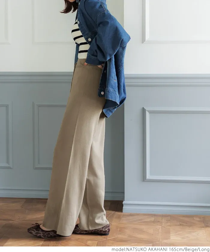 日本 COCA - 百搭美腿針織彈性垂墜寬褲-軍綠