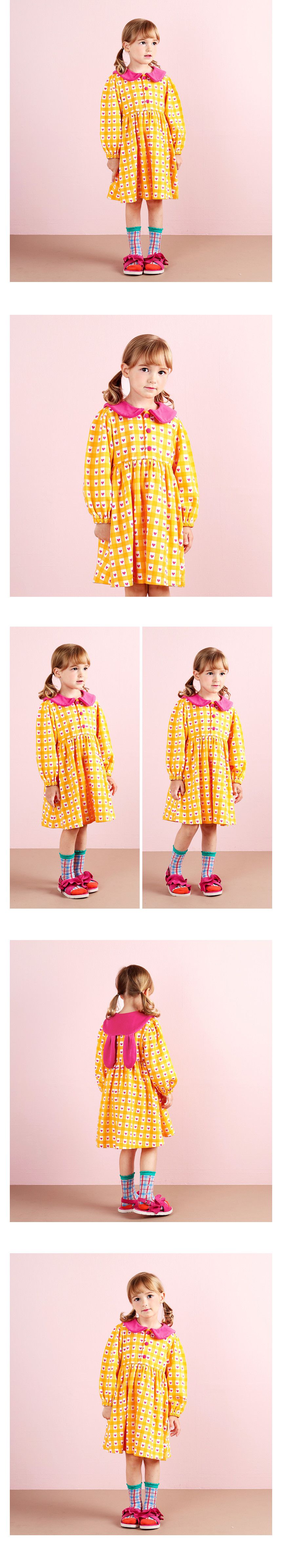 韓國 WALTON kids - 格紋愛心兔兔翻領連身洋裝-橘黃