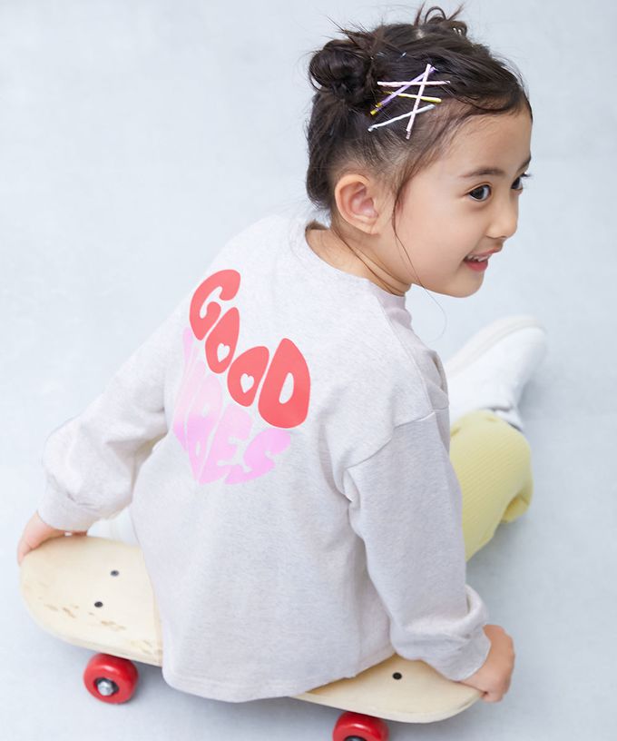 日本 devirock - 100%棉 定番女孩印花長袖上衣-貓咪-羅蘭紫