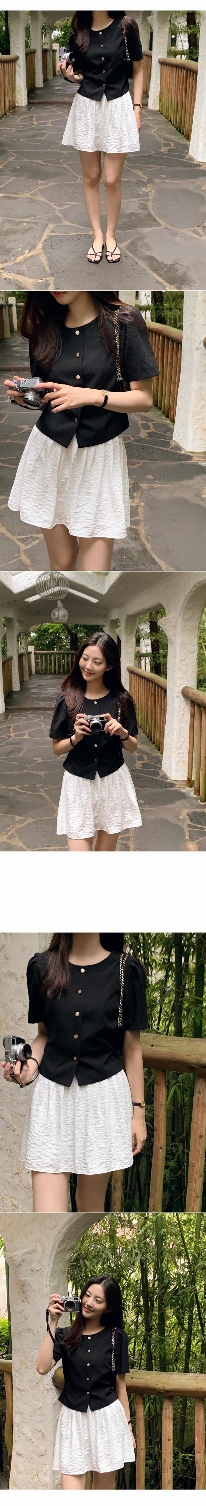 韓國 98doci - 氣質鈕扣公主抓褶袖襯衫-黑