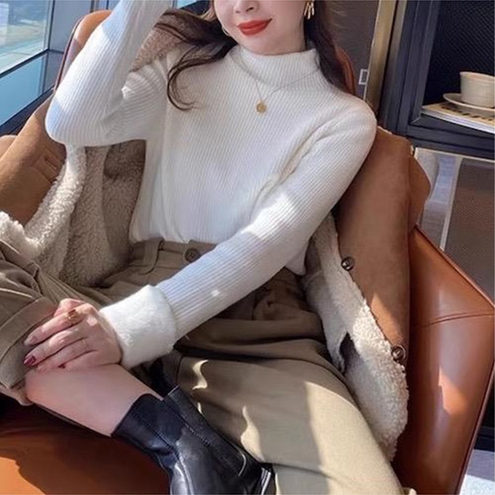 溫暖內毛絨百搭高領針織上衣-象牙白