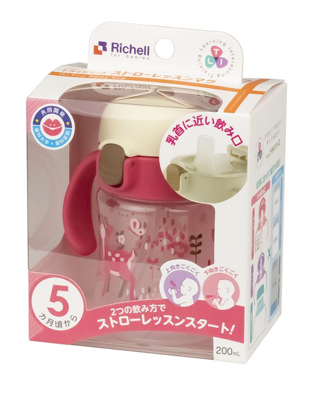 日本 Richell 利其爾 - 花間鹿鴨嘴吸管水杯-200ML-紅/粉-5個月適用