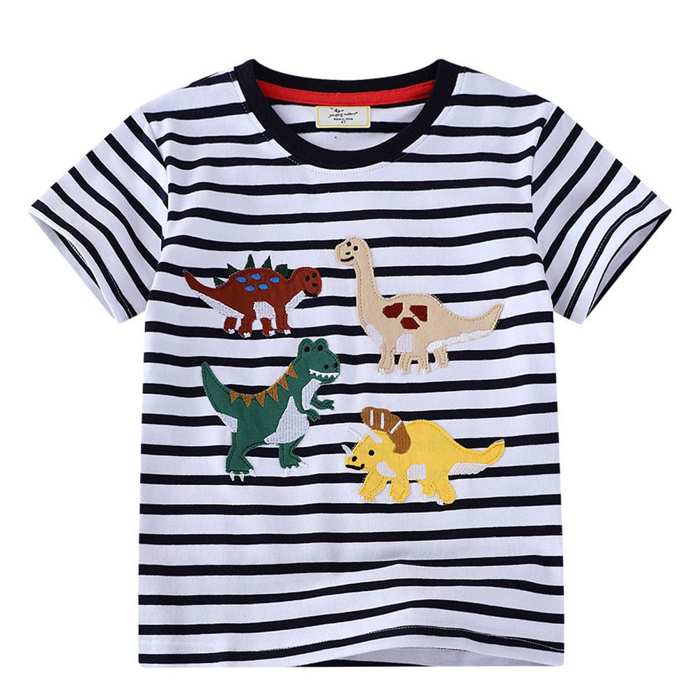 棉質圓領短袖上衣-萌萌小恐龍-黑白條紋