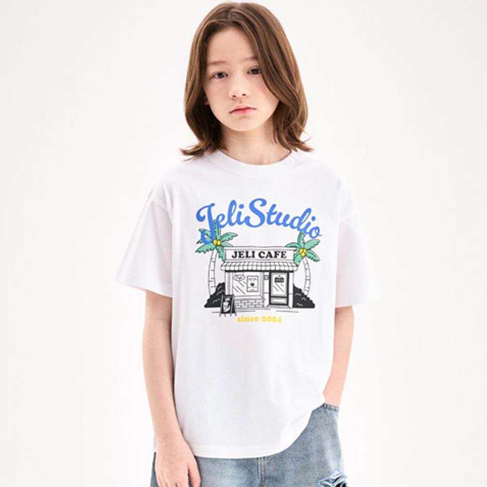 咖啡廳圖案純棉短袖上衣-白