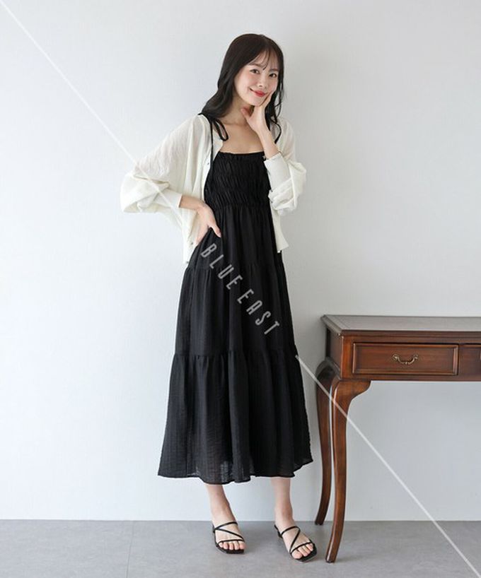 日本 BLUE EAST - 清爽透膚感皺摺綁帶分層洋裝-灰