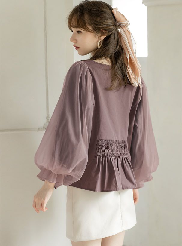 日本 GRL - 方領排釦薄紗澎澎袖上衣-時尚黑