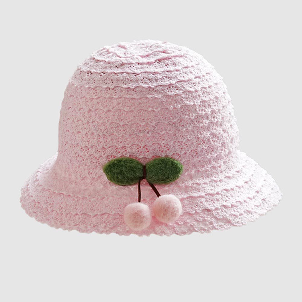 可捲收透氣網眼蕾絲防曬遮陽帽-立體櫻桃-粉紅色