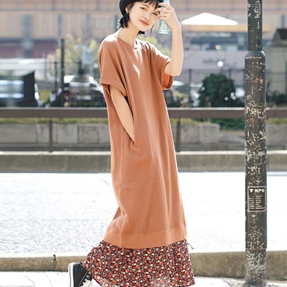 日本 zootie - 純棉 顯瘦鬆餅紋五分袖洋裝-磚橘