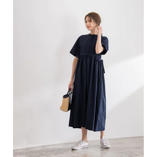 日本 BELLUNA - 森之精靈側綁帶縮腰長洋裝-靜謐黑