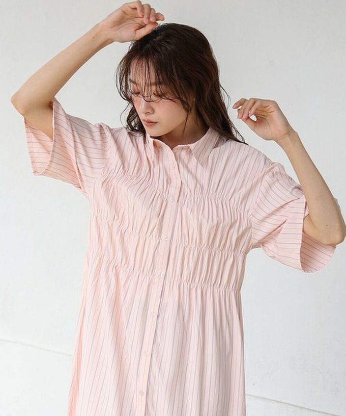 日本 Bab - 時尚抓皺襯衫式五分袖洋裝-條紋-象牙