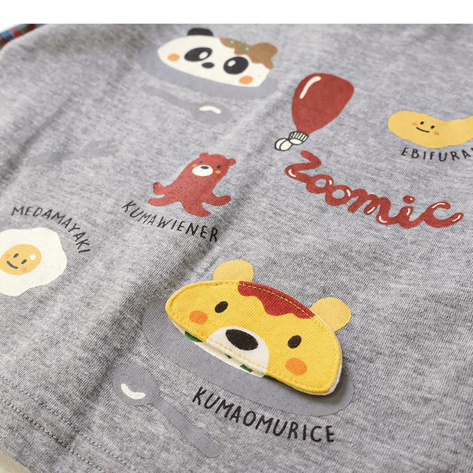 日本 ZOOLAND - 美味印花格紋拼接長袖上衣-灰