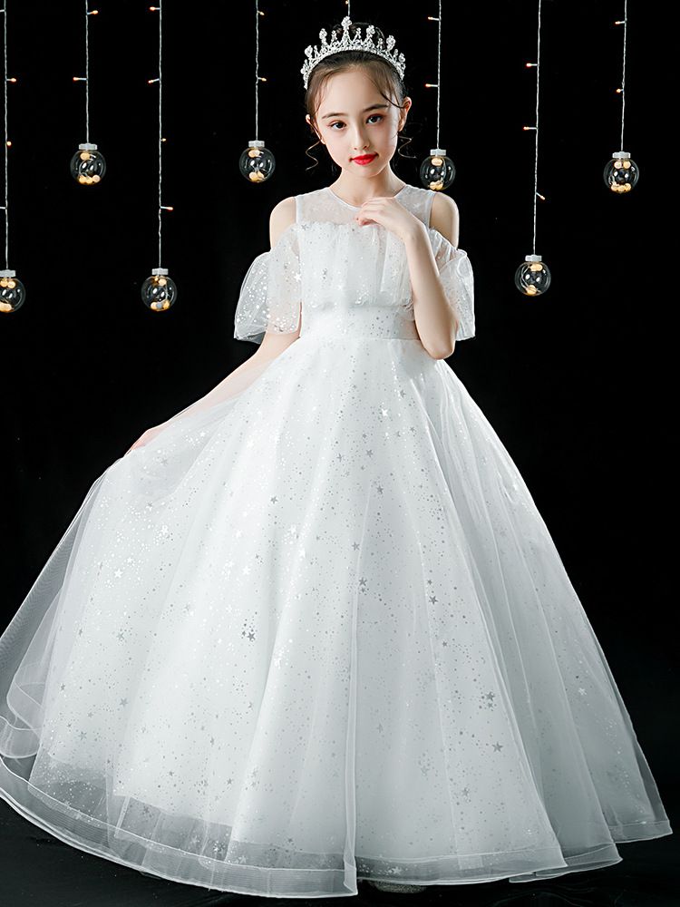 削肩式網紗亮片禮服-白色