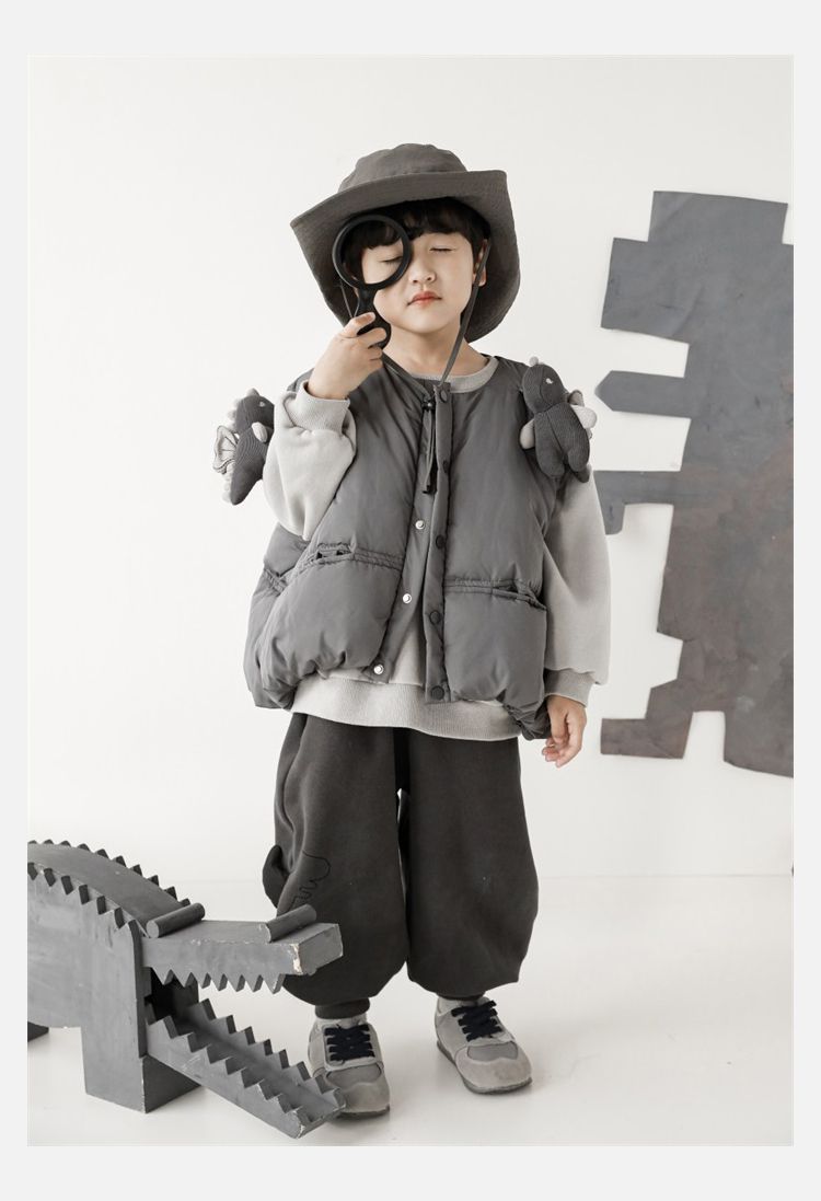 TONGMO - (加絨)腰鬆緊休閒束口長褲-描邊恐龍-深灰色