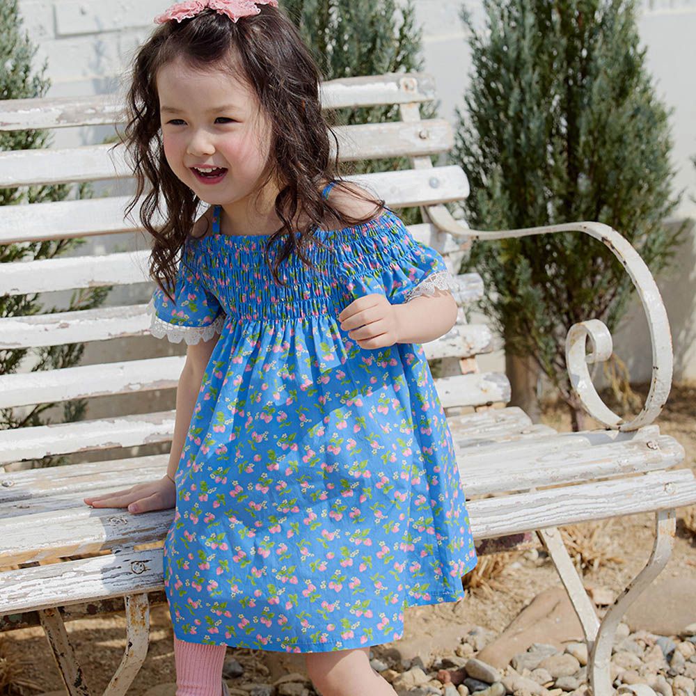 渡假風蕾絲裝飾細肩帶平口洋裝-莓果-藍