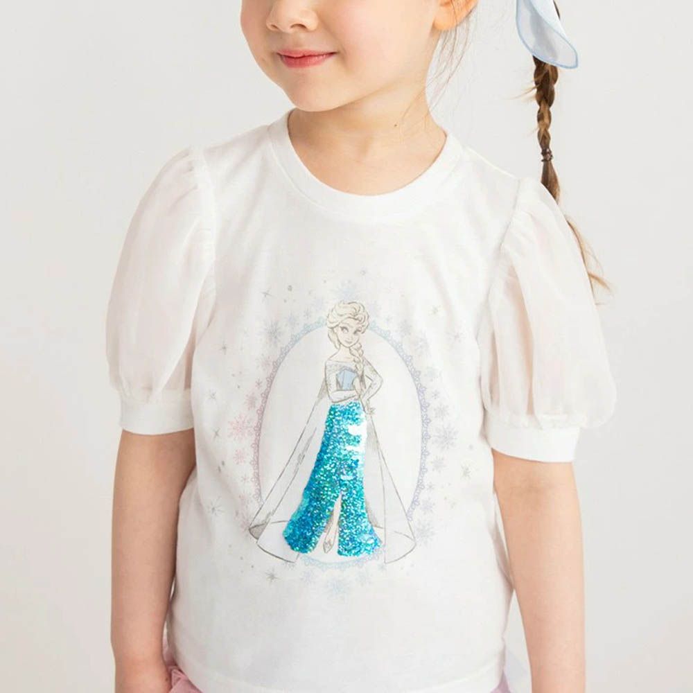 迪士尼限定 亮片雪紡澎澎短袖上衣-卡通人物艾莎-白