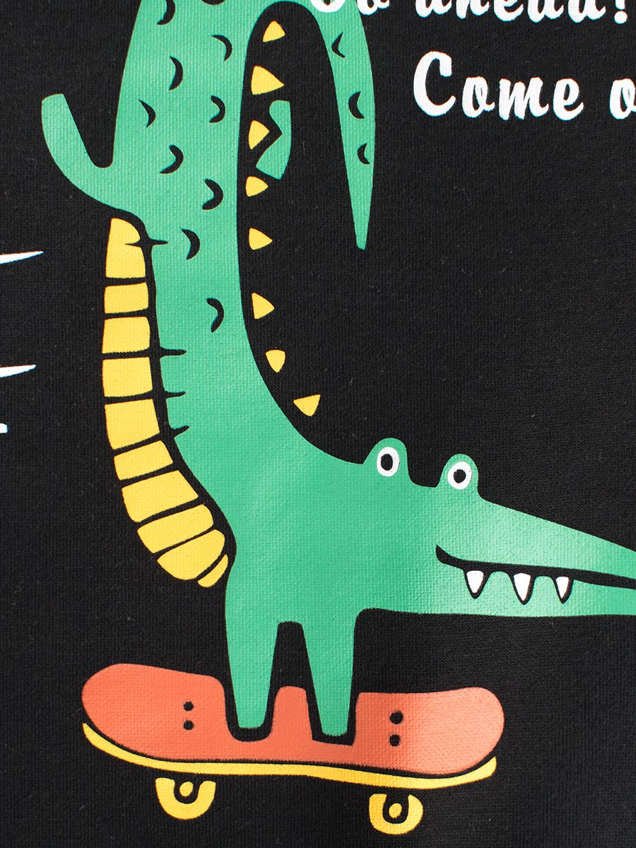 加絨棉質圓領長袖上衣/大學T-特技鱷魚-黑色