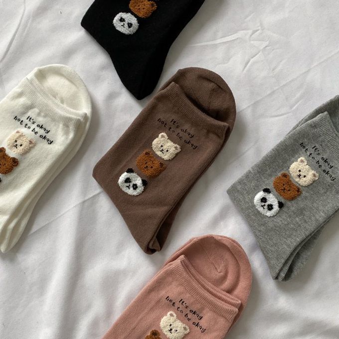韓國Marian - 三隻毛毛熊中筒襪-棕色 (Free)