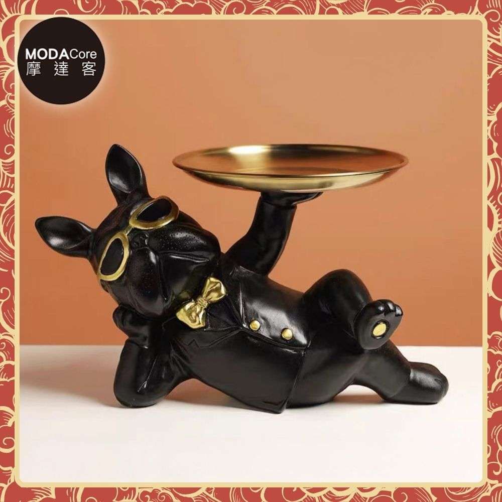 ◉開運招財◉帥氣墨鏡狗法鬥牛犬頂托盤擺飾-黑金色款-聚寶盆糖果收納 時尚藝術 事業開店禮品