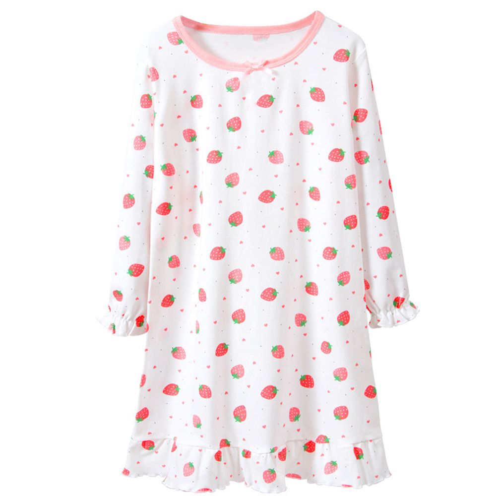 純棉長袖睡裙-滿滿草莓荷葉邊-白色