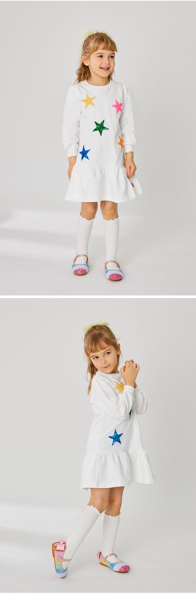 韓國 OZKIZ - 閃耀亮片星星長袖連身洋裝-白