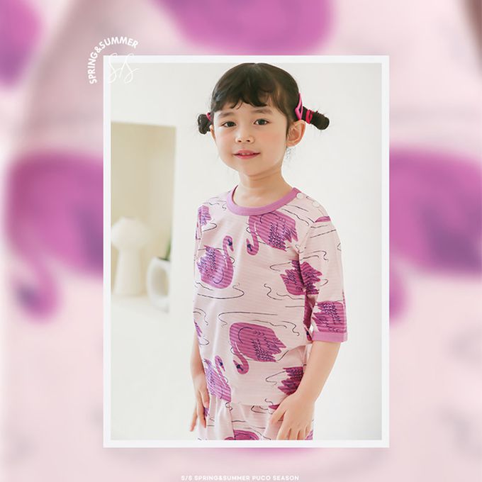 正韓 Puco - 超優質嬰幼兒/兒童七分袖100% 有機純棉家居服/睡衣-優雅天鵝