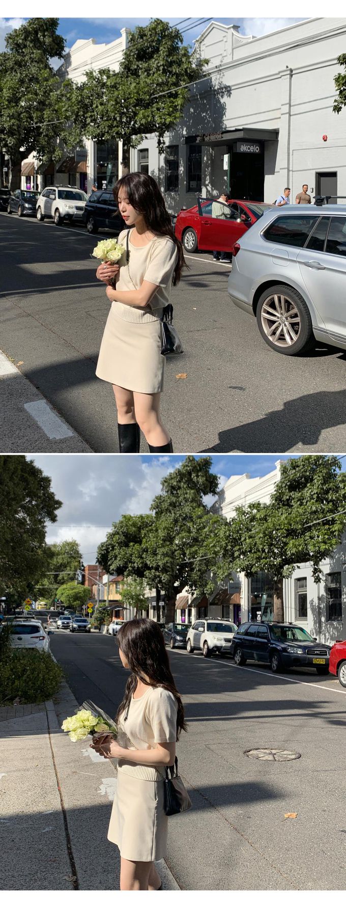 韓國 98doci - 氣質方領針織短袖上衣-奶白