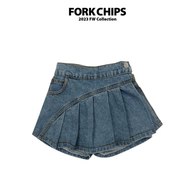 韓國 FORK CHIPS - 鬆緊腰不對稱百褶丹寧褲裙