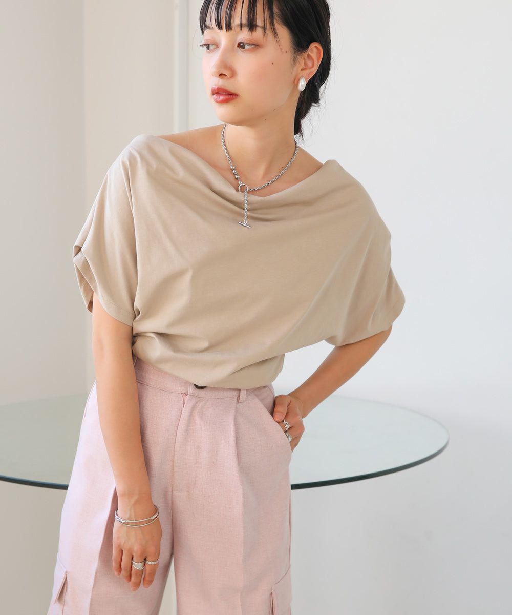 日本 Bab - 不對稱落肩設計短袖上衣-淺藍紫