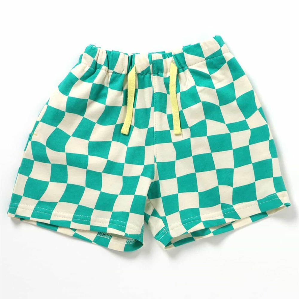[必收]100%棉 舒適鬆緊印花短褲-格子-綠x白