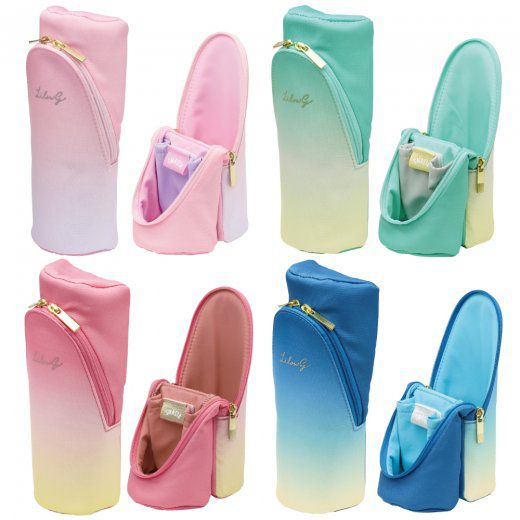 日本文具 SONIC - 可站立下翻式筆袋/化妝包(附磁鐵)-漸層限定款-桃黃